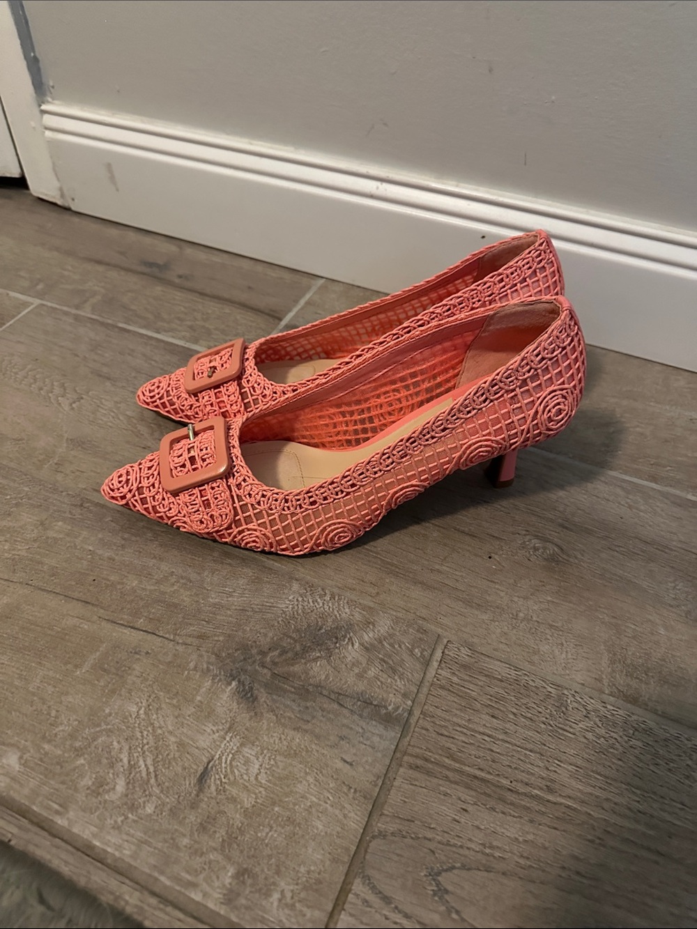 Alex Marie Coral Crochet Pointed Buckle Heels